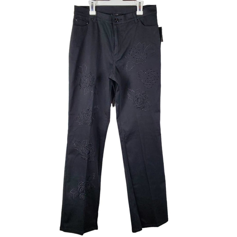 Lana Erica Embroidered Floral Rhinestone Accent Black Women Pants Size 10 New